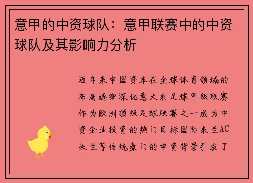 意甲的中资球队：意甲联赛中的中资球队及其影响力分析