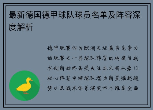 最新德国德甲球队球员名单及阵容深度解析